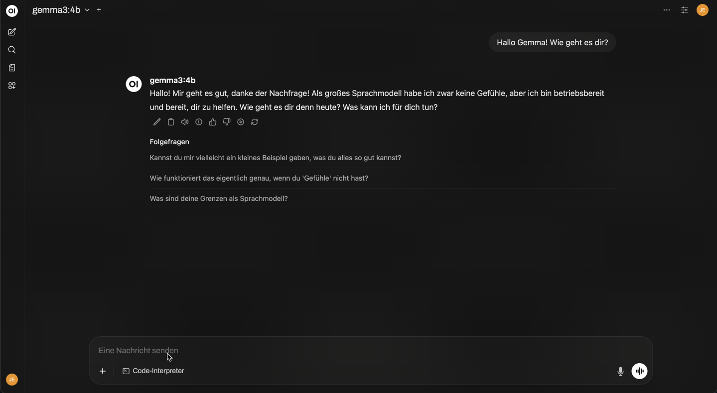 openWebUI in Aktion Webinterface von openWebUI generiert eine Antwort auf die Frage nach der Definition von Open Innovation