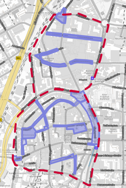 Eine Karte vom Quartier Bahnhofstraße und der Altstadt ist zu sehen, wo die Messbereiche der Passantenfrequenzmessung markiert sind.