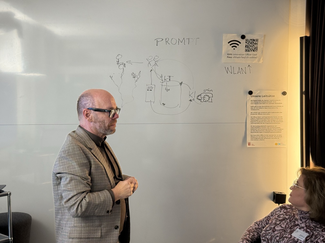 Dr. Markus Paulußen steht vor einem Whiteboard. Auf dem Whiteboard ist ein Workflow skizziert. Der Worflow beschreibt, wie ein KI-System Inhalte zu Barrieren zu den Nutzenden bringt.